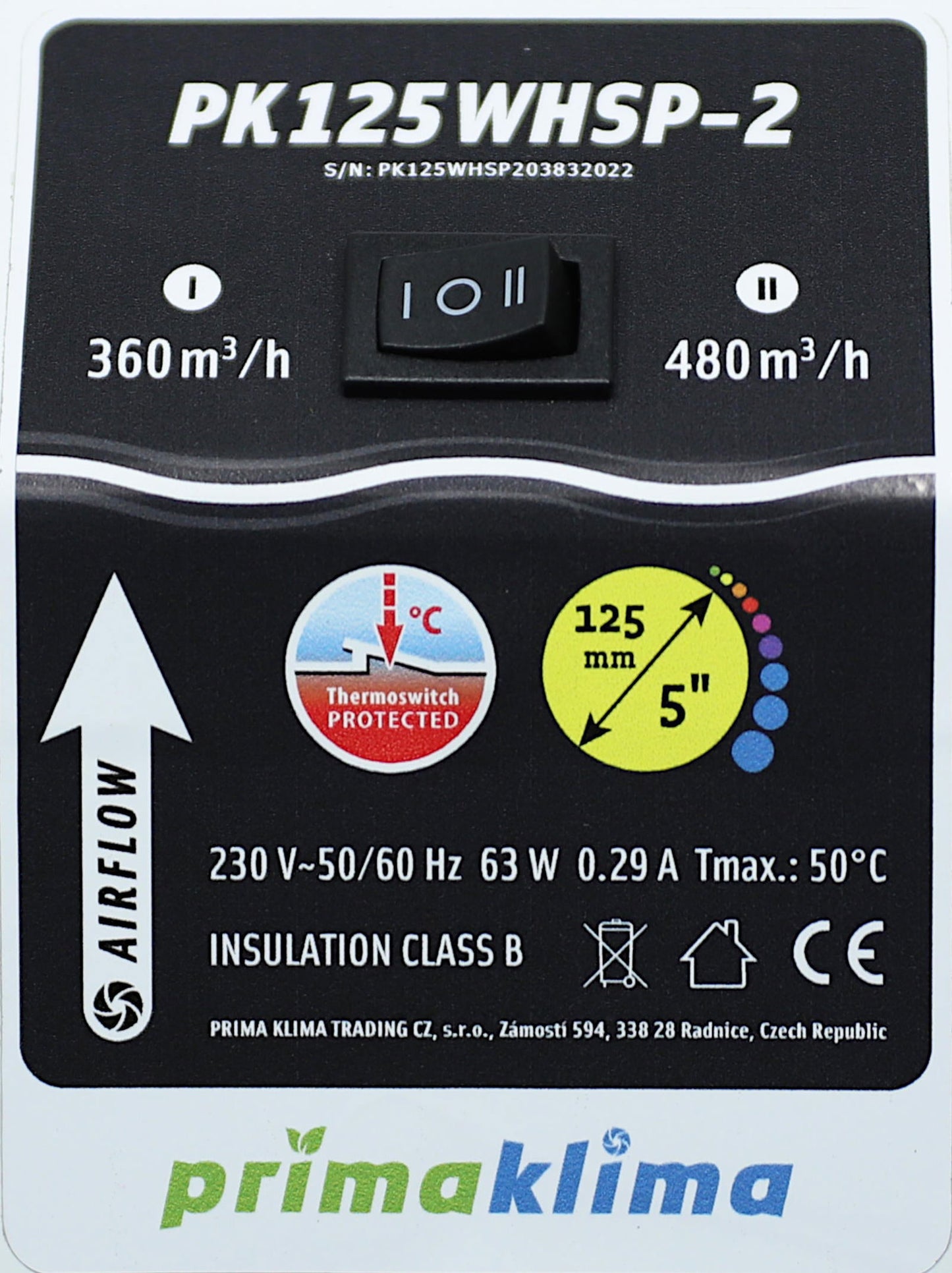 Prima Klima - PK125WHSP-2 360/460m³h, Ø125 2Speed AC Whisper - Blooming Town